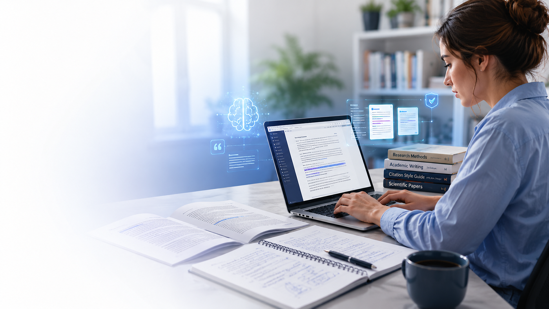Investigadora trabajando con documentos y herramientas digitales