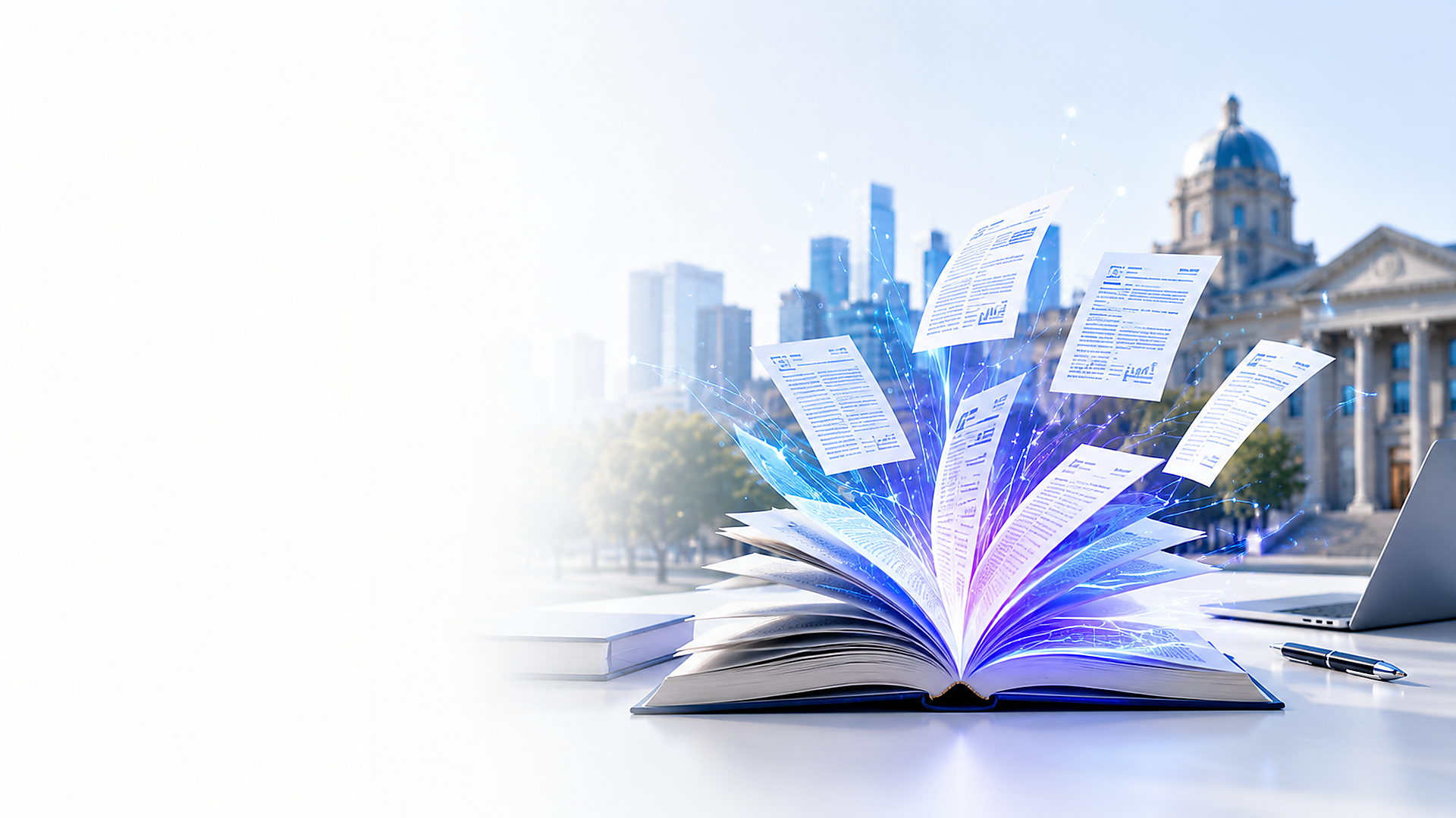 Libro abierto con documentos académicos y tecnología